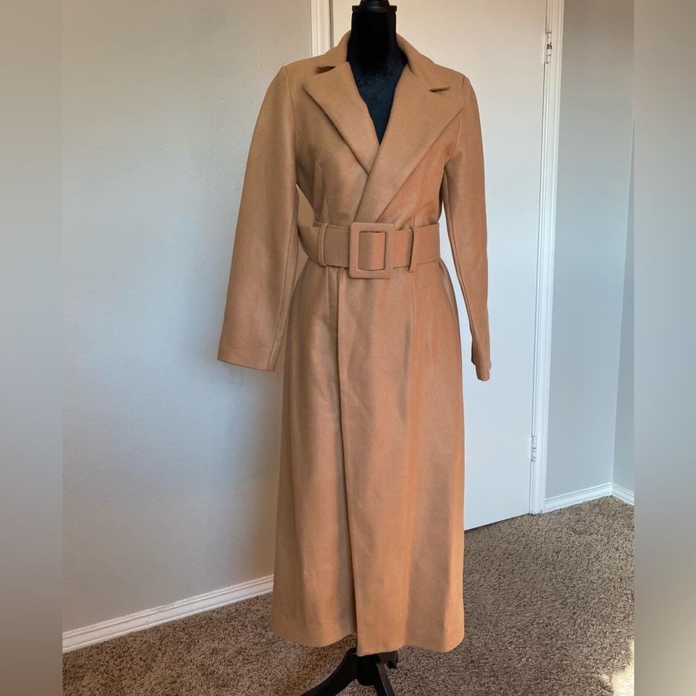 Boohoo Tall Self Fabric Belted Longline Wool coat, New, color Camel, Size S